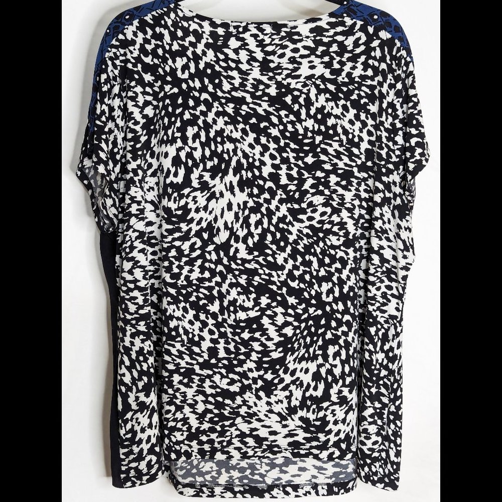 Colorblock LIZ CLAIBORNE Sz 3X Blue, White & Black Stretch Cheetah Print Blouse - Picture 3 of 3